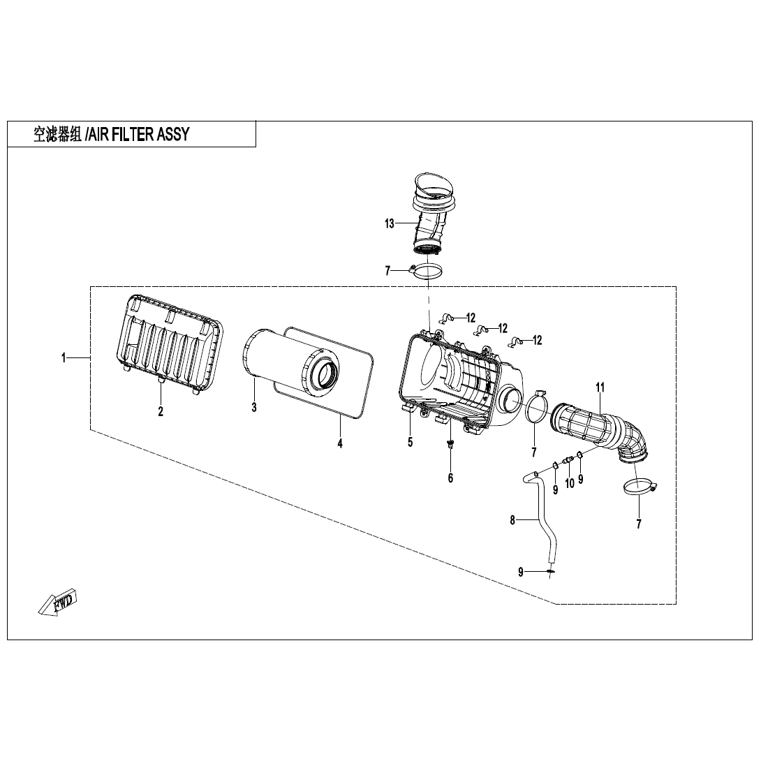 An Image of a Genuine CFMOTO Parts Schematic Diagram showing the schematic - AIR FILTER ASSY.(2) - 2023 CFMOTO ZFORCE 800 Trail