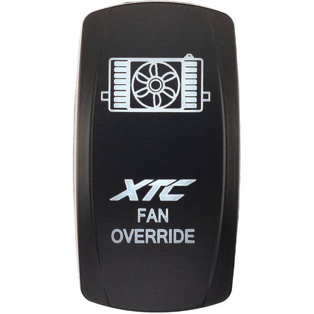A black Dash Switch Rocker Face labeled XTC Fan Override by XTC Power features a white radiator and fan icon above the text.