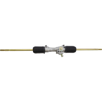 The Steering Rack by Moose Offroad features a metallic central housing, black rubber boots on both sides, and long gold-colored tie-rod ends extending from each side.