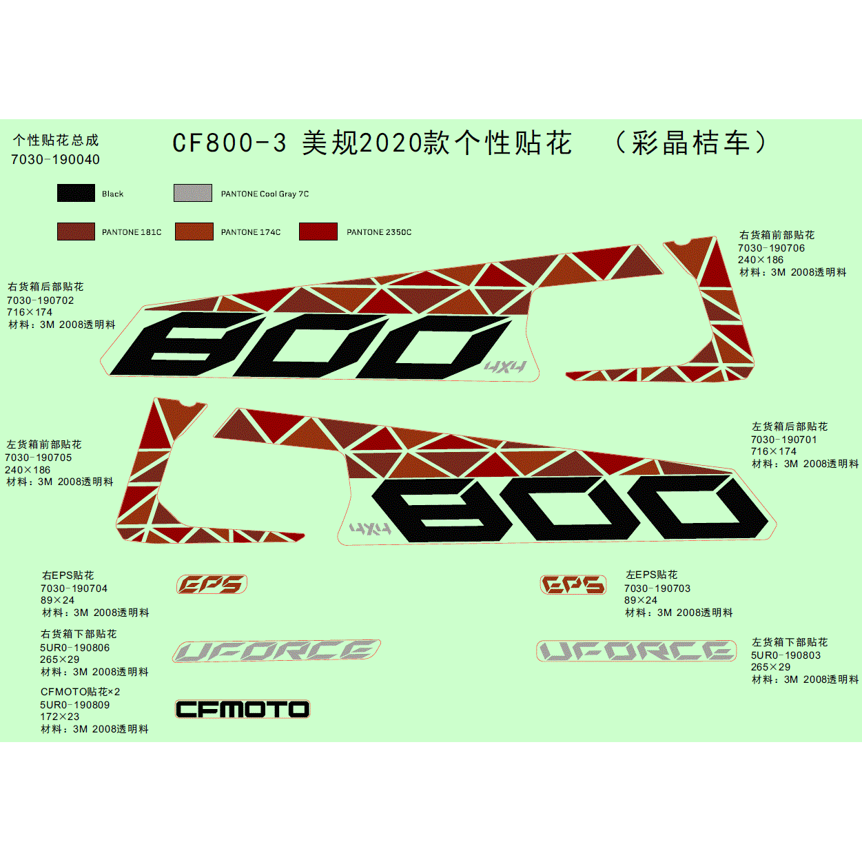 An Image of a Genuine CFMOTO Parts Schematic Diagram showing the schematic - DECAL KITS (2020 - 2020 CFMOTO UFORCE 800