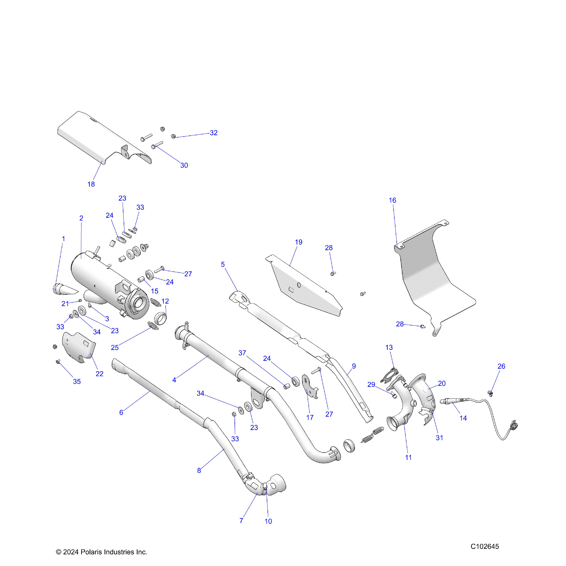 An Image of a Genuine Polaris Parts Schematic Diagram showing the schematic - ENGINE: EXHAUST - 2025 POLARIS SPORTSMAN 570 6X6 EPS 49S