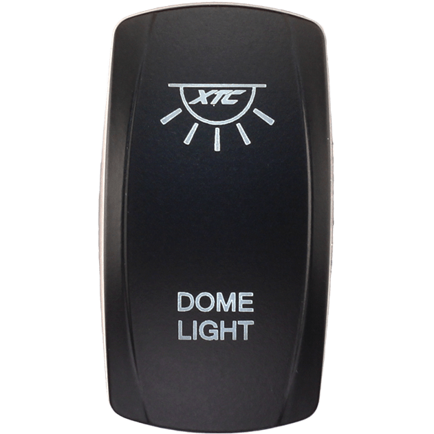 Dash Switch Rocker Face Dome Light by XTC Power features a black rocker switch with a sunburst icon, XTC logo at the top, and DOME LIGHT printed in white below the icon.