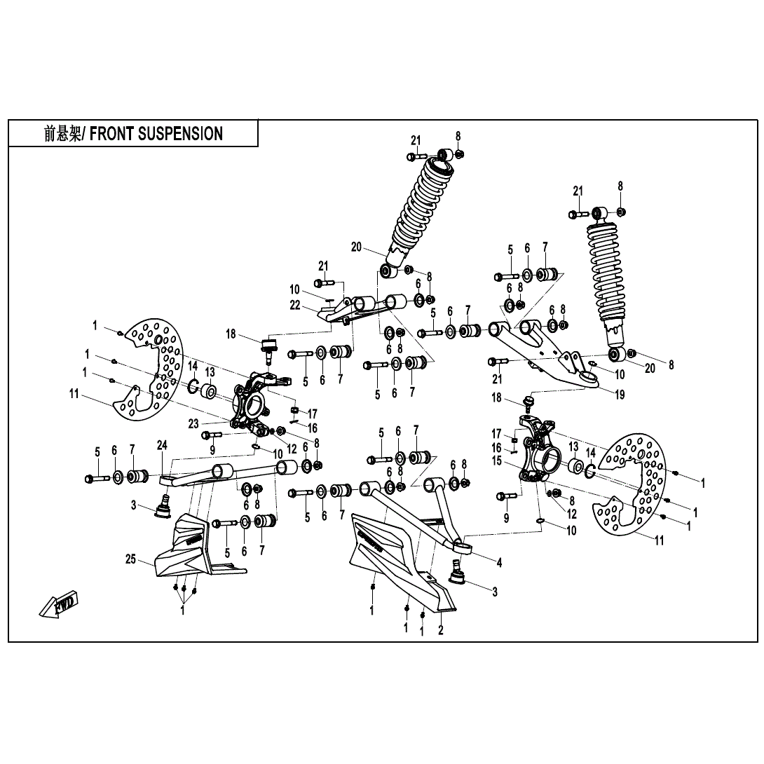 An Image of a genuine CFMOTO Parts Schematic Diagram showing the group - FRONT SUSPENSION (NA) - 2020 CFMOTO CFORCE 500 S