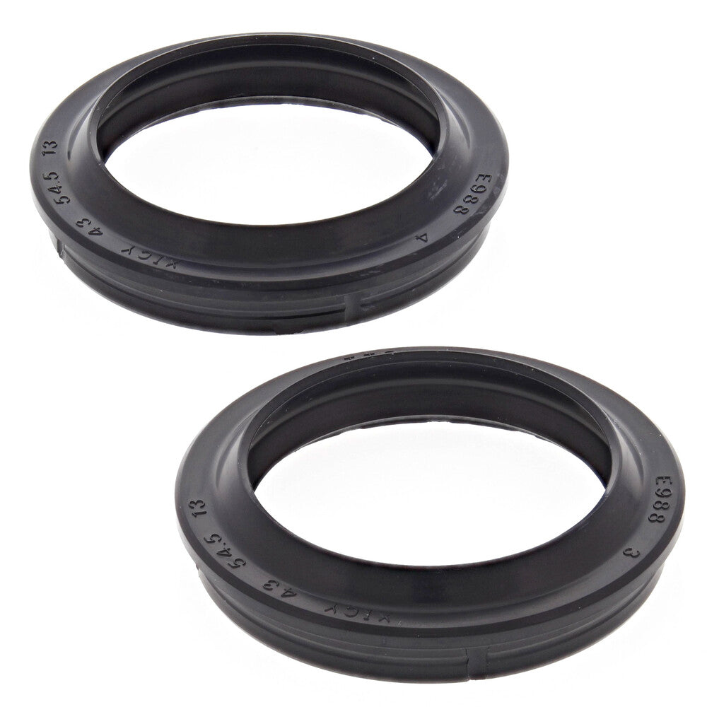Two black rubber fork dust seals with circular shape and embossed size markings on the outer edge.