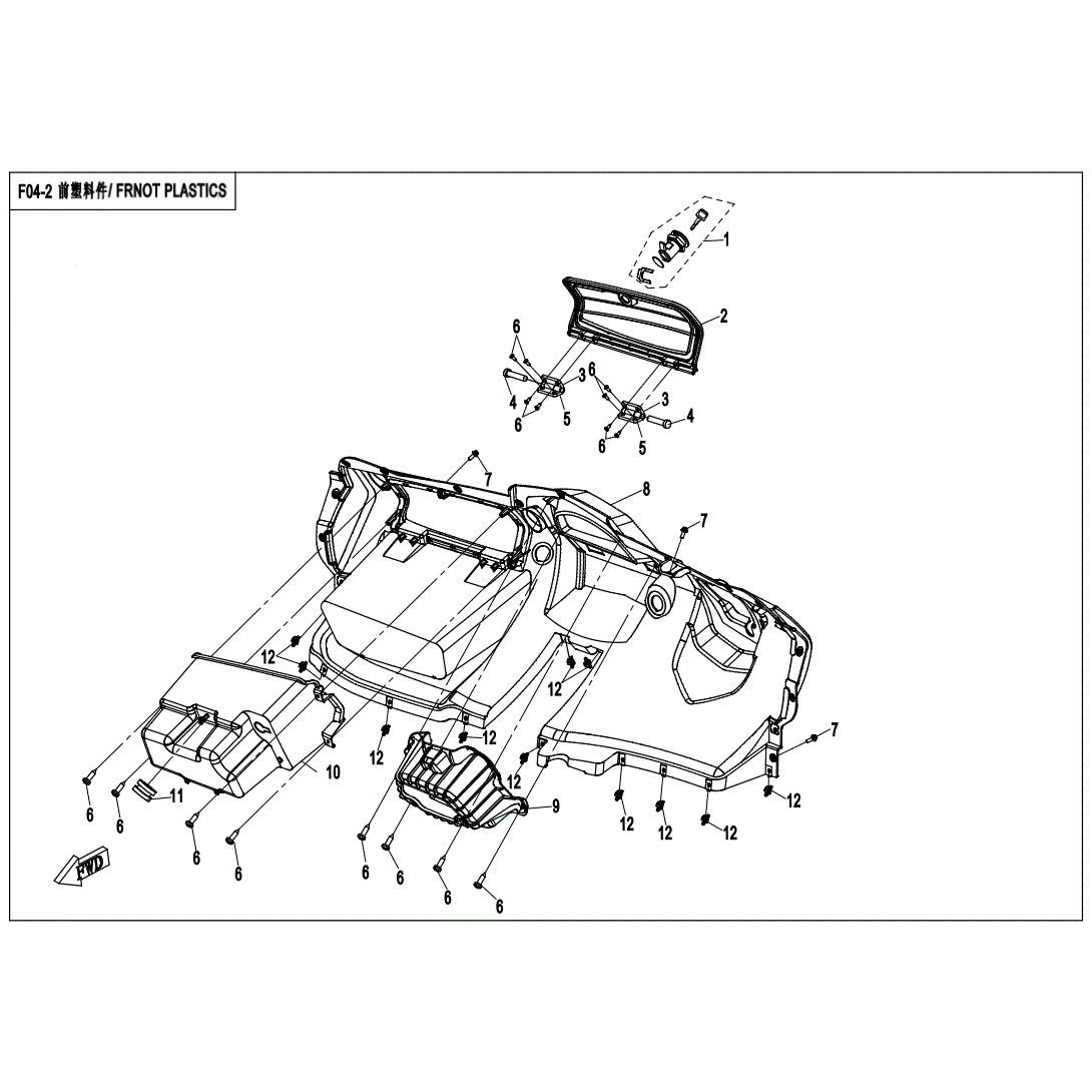 An Image of a Genuine CFMOTO Parts Schematic Diagram showing the schematic - FRONT PLASTICS - 2020 CFMOTO UFORCE 500