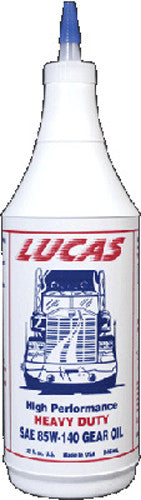 A quart of Lucas Oil Heavy Duty Gear Oil 85W140 with anti-wear protection, featuring a blue tractor-trailer graphic on the label and a pointed blue nozzle cap.