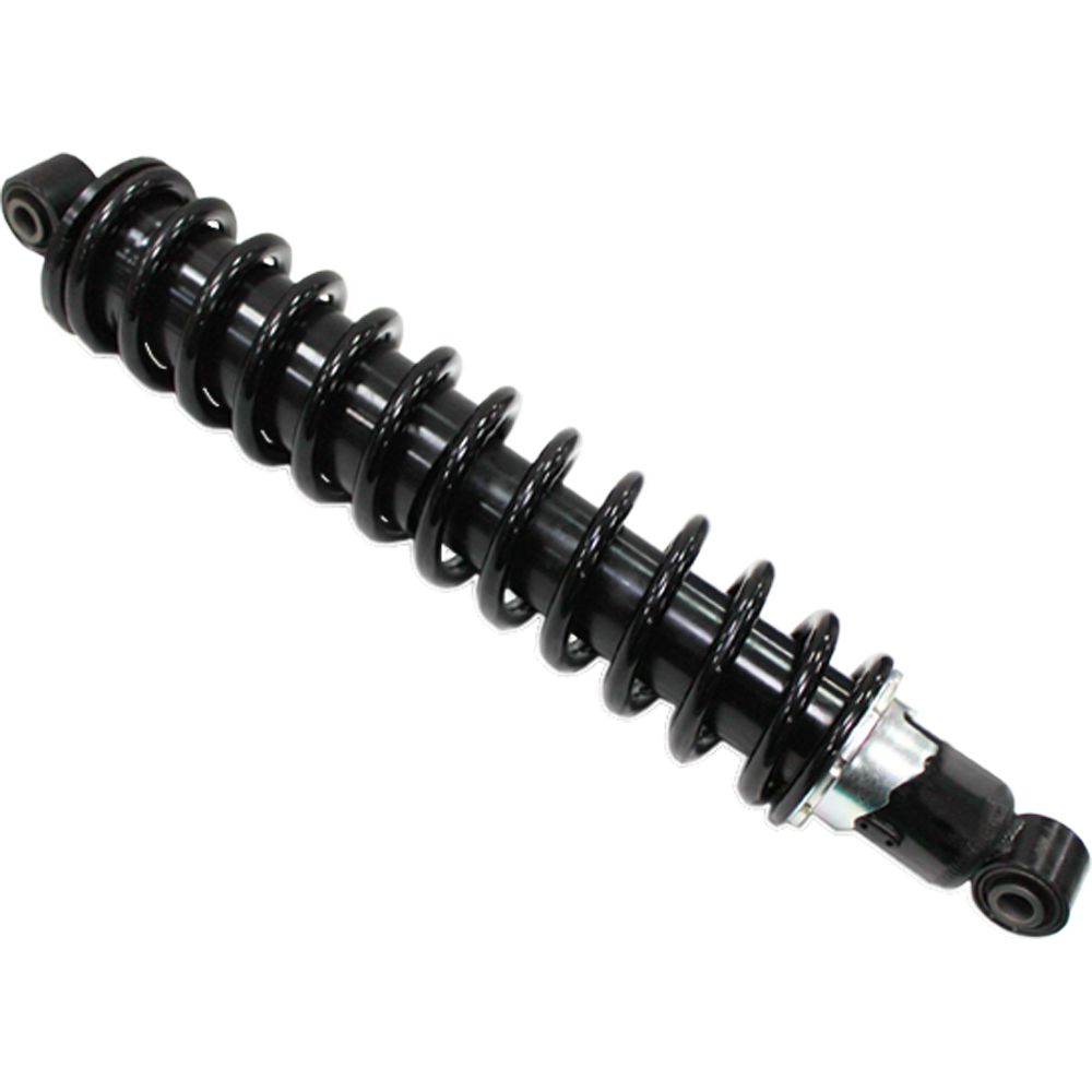 The Kawasaki Prairie UTV/ATV Rear Gas Shock by Bronco is a black coil spring shock absorber with tightly wound metal coils around a central cylinder and mounting points at both ends, shown against a white background.