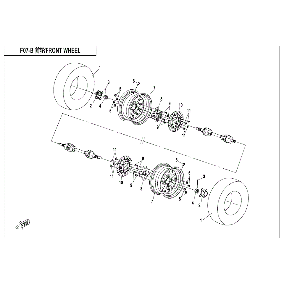 An Image of a genuine CFMOTO Parts Schematic Diagram showing the group - FRONT WHEEL (USA) - 2020 CFMOTO CFORCE 500 S