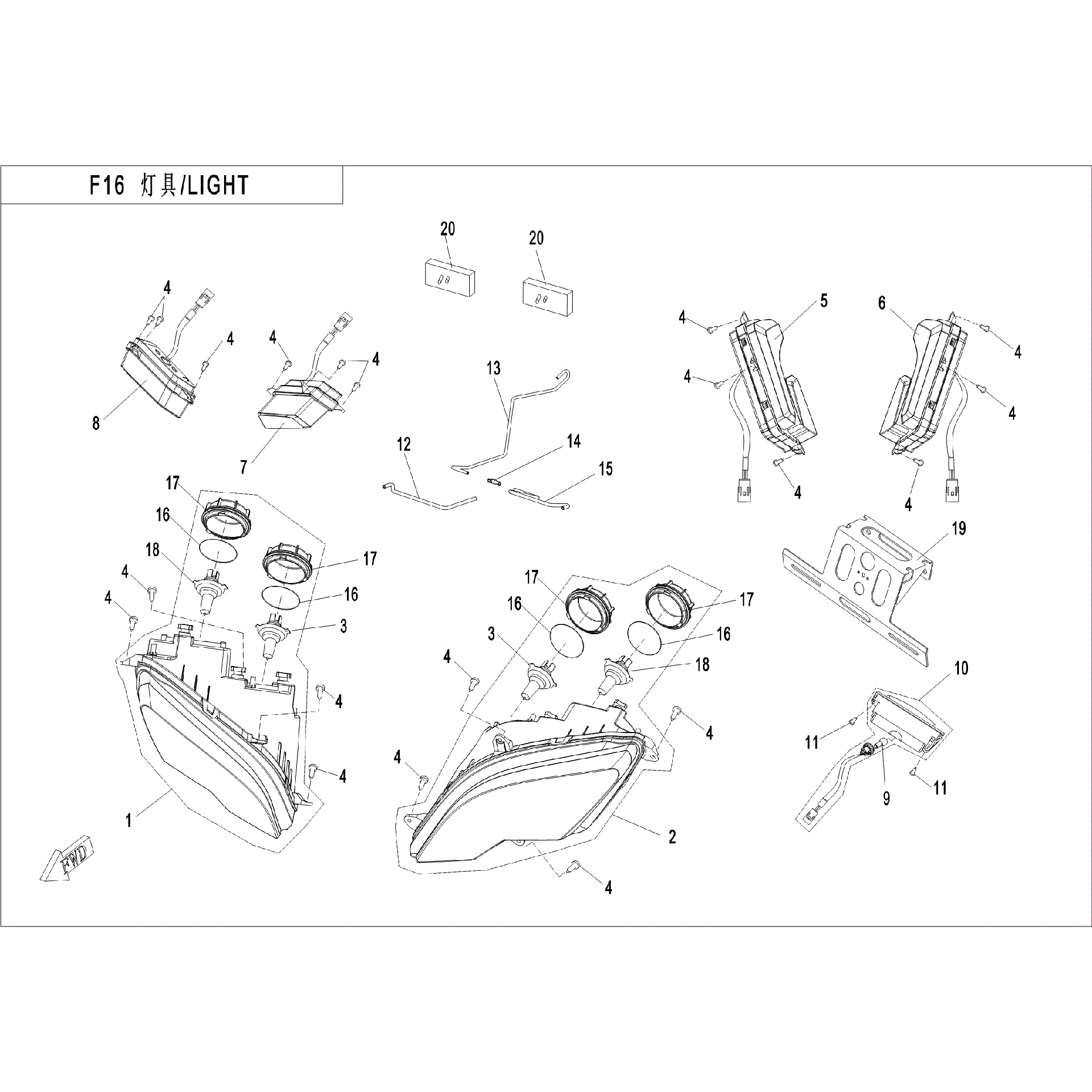 An Image of a Genuine CFMOTO Parts Schematic Diagram showing the schematic - LIGHT - 2017 CFMOTO UFORCE 800 EPS