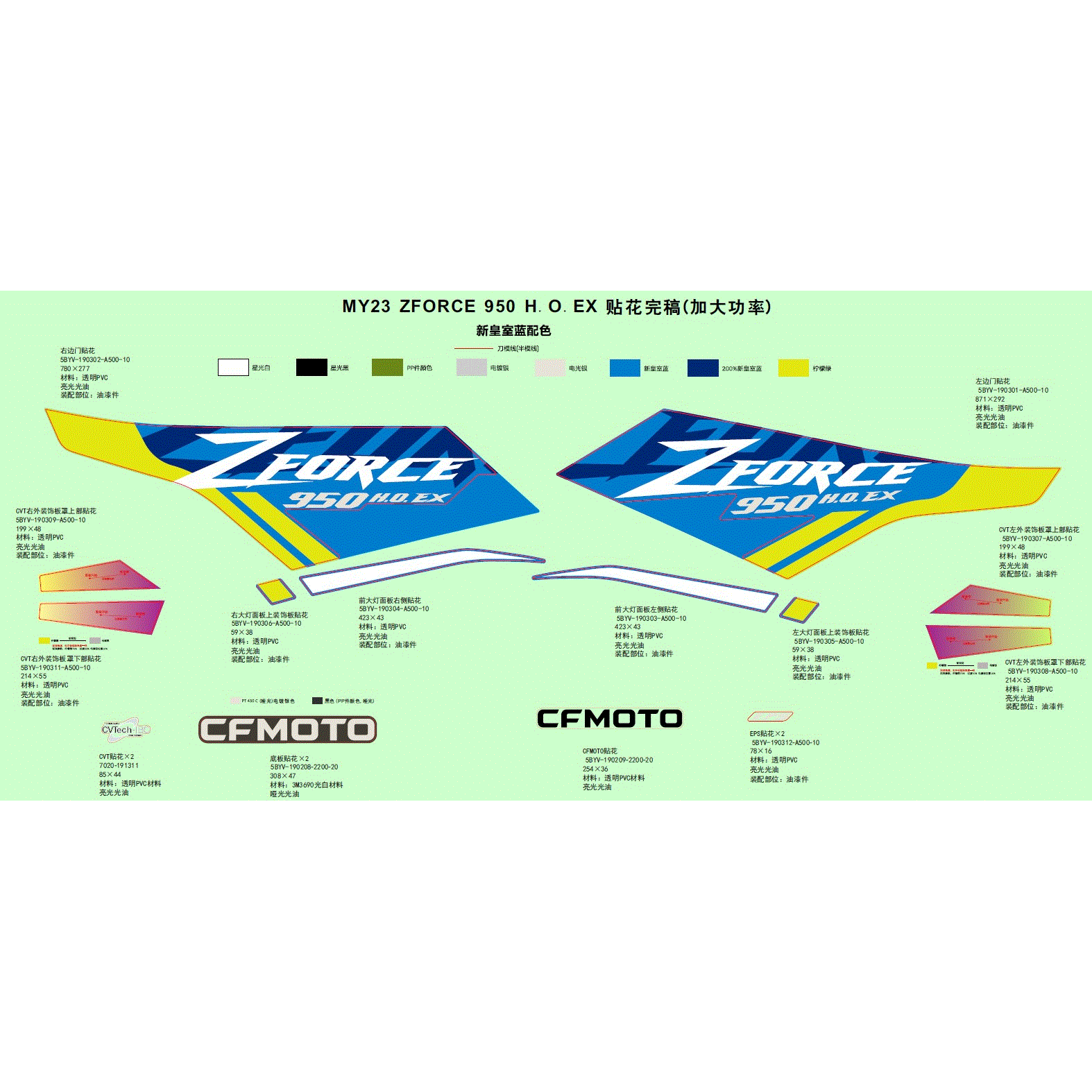 An Image of a Genuine CFMOTO Parts Schematic Diagram showing the schematic - DECAL - 2023 CFMOTO ZFORCE 950 HO EX