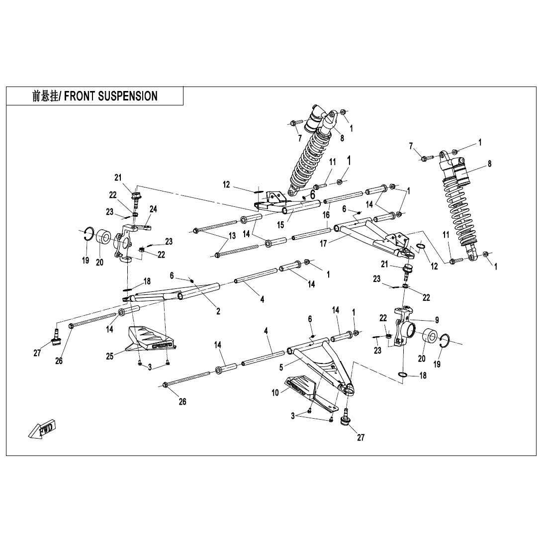 An Image of a Genuine CFMOTO Parts Schematic Diagram showing the schematic - FRONT SUSPENSION - 2021 CFMOTO ZFORCE 800 Trail