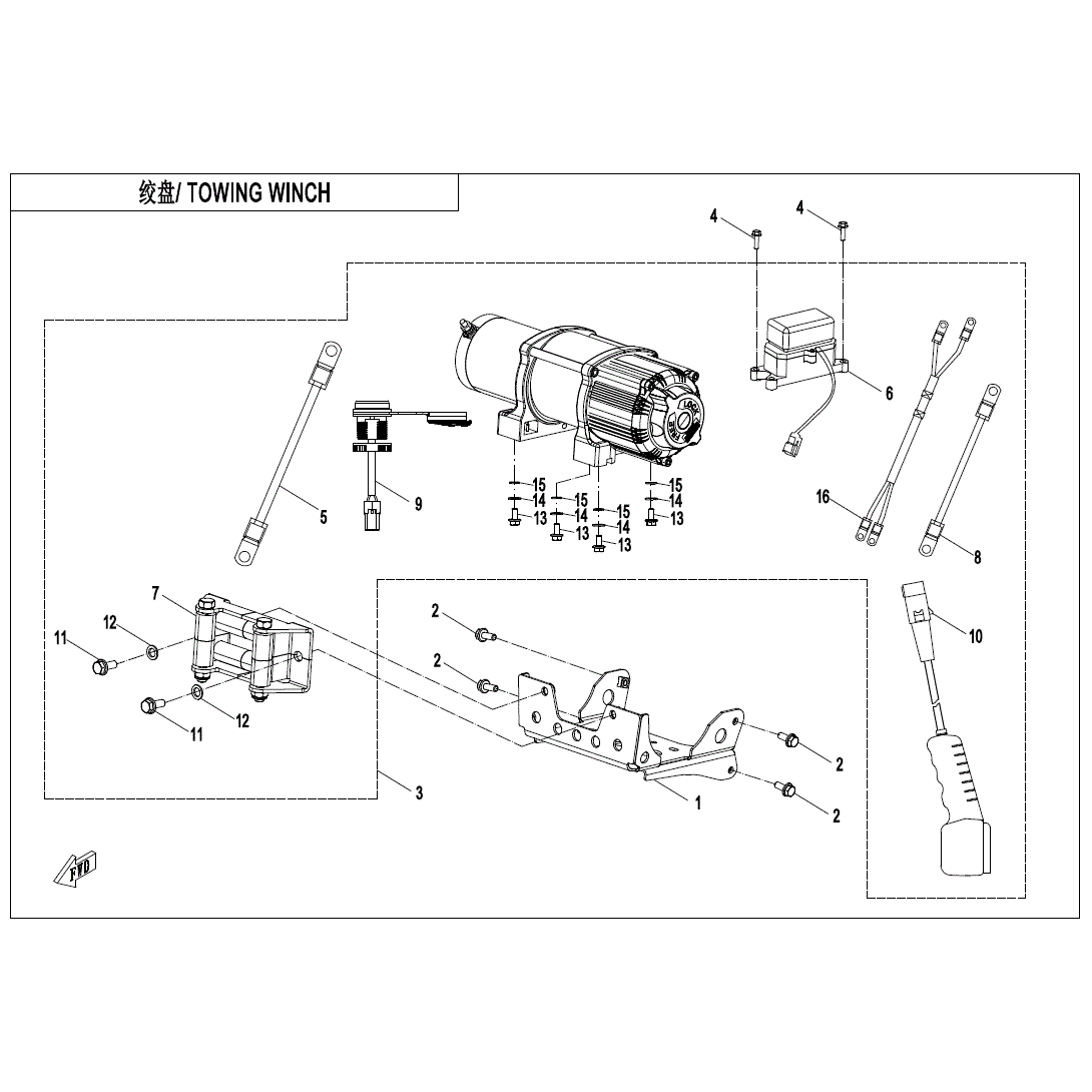 An Image of a Genuine CFMOTO Parts Schematic Diagram showing the schematic - TOWING WINCH - 2024 CFMOTO ZFORCE 800 Trail