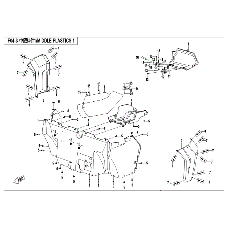 An Image of a Genuine CFMOTO Parts Schematic Diagram showing the schematic - MIDDLE PLASTIC - 2018 CFMOTO ZFORCE 1000