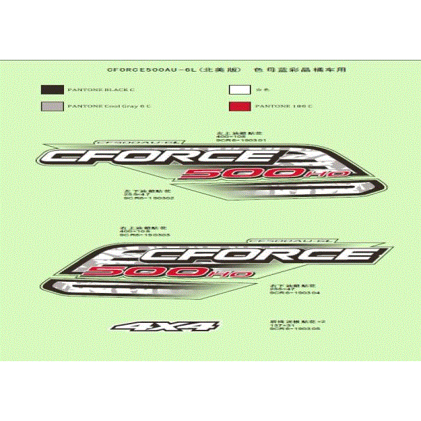An Image of a genuine CFMOTO Parts Schematic Diagram showing the group - DECAL KITS FOR INJECTED BLUE&CRYSTAL ORANGE MODEL - 2015 CFMOTO CFORCE 500 HO