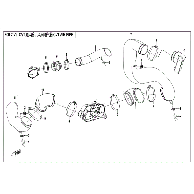 An Image of a Genuine CFMOTO Parts Schematic Diagram showing the schematic - CVT AIR PIPE&SIDE COVER - 2018 CFMOTO ZFORCE 1000