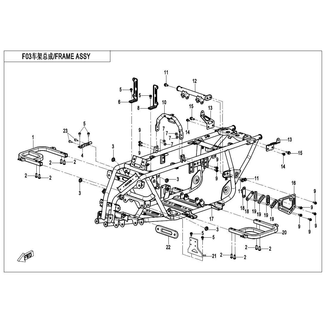 An Image of a genuine CFMOTO Parts Schematic Diagram showing the group - FRAME - 2024 CFMOTO CFORCE EV110