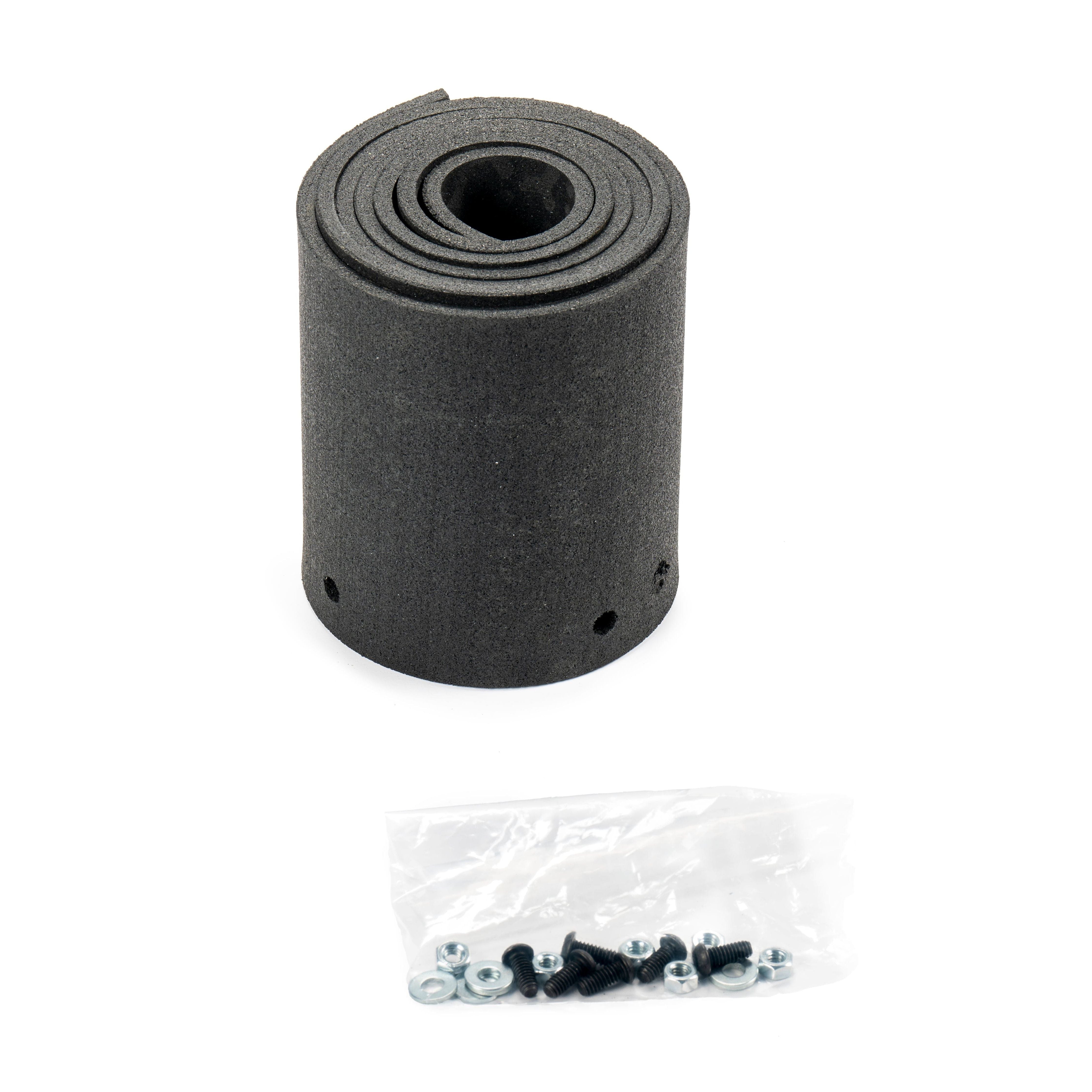The Provantage II Universal Rubber Snow Flap by Warn includes a rolled black foam sheet with small holes near the base, plus a plastic bag containing black screws, bolts, and metal washers.