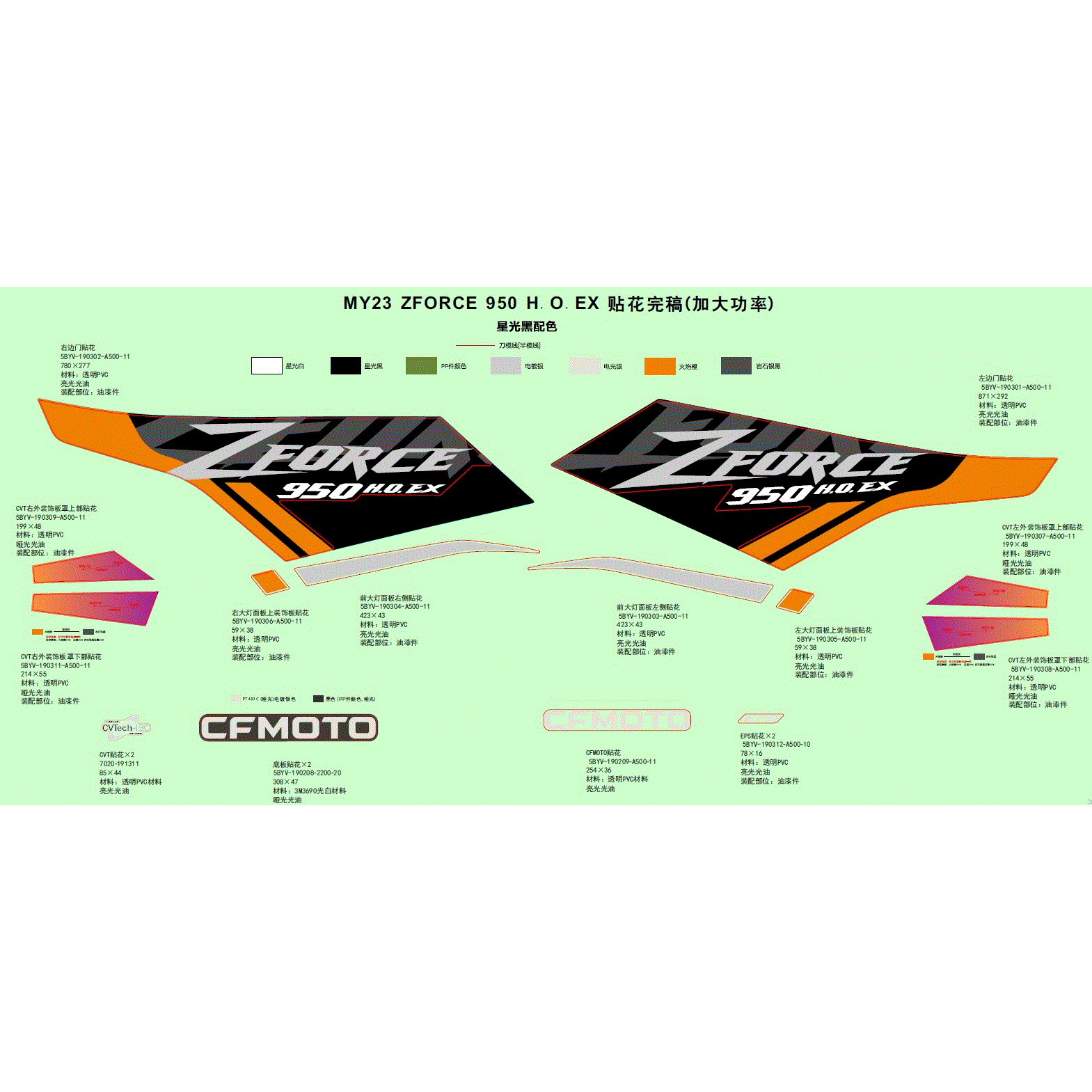 An Image of a Genuine CFMOTO Parts Schematic Diagram showing the schematic - DECAL - 2023 CFMOTO ZFORCE 950 HO EX