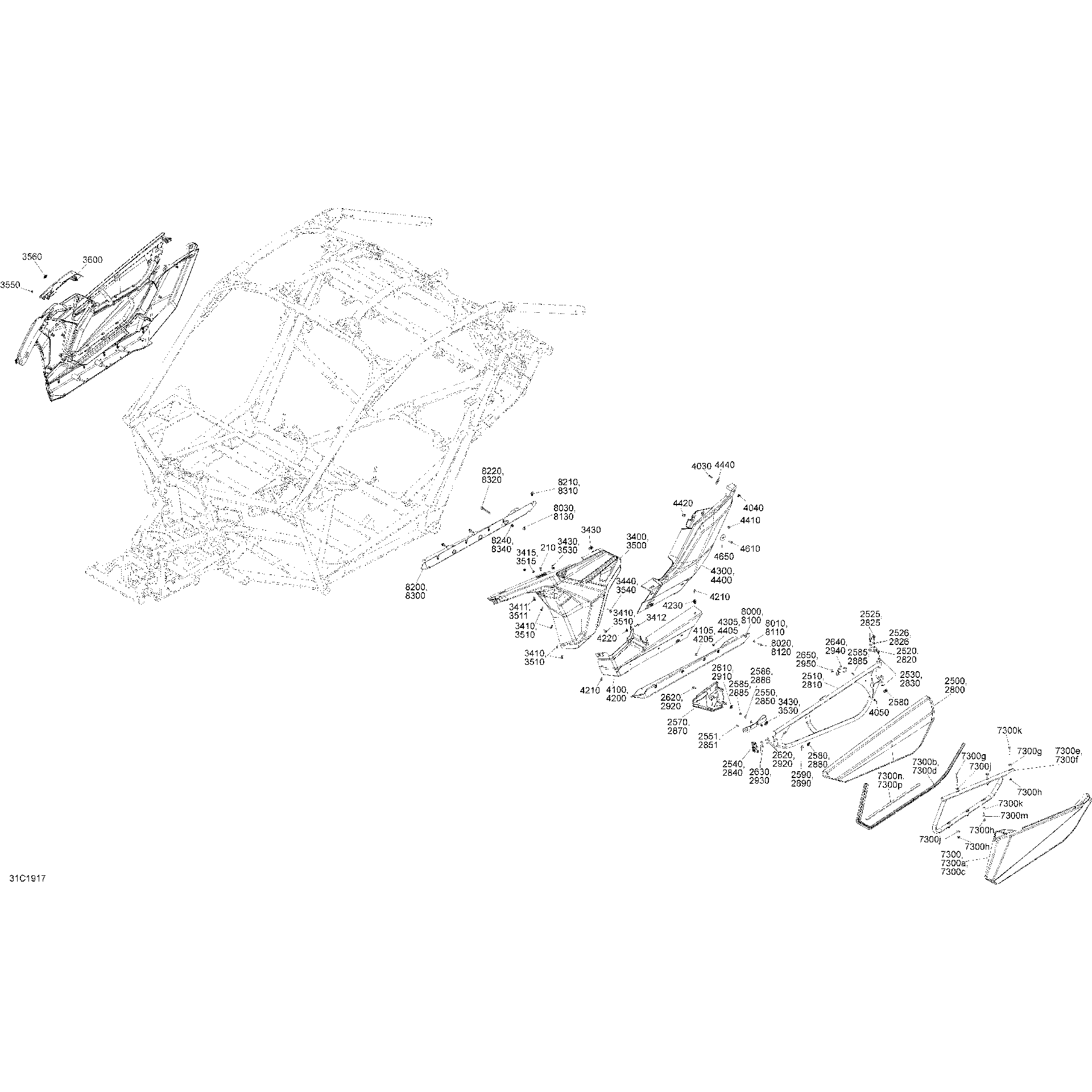 An Image of a Genuine Can-Am Parts Schematic Diagram showing the schematic - BODY - SIDE SECTION - CARBON BLACK