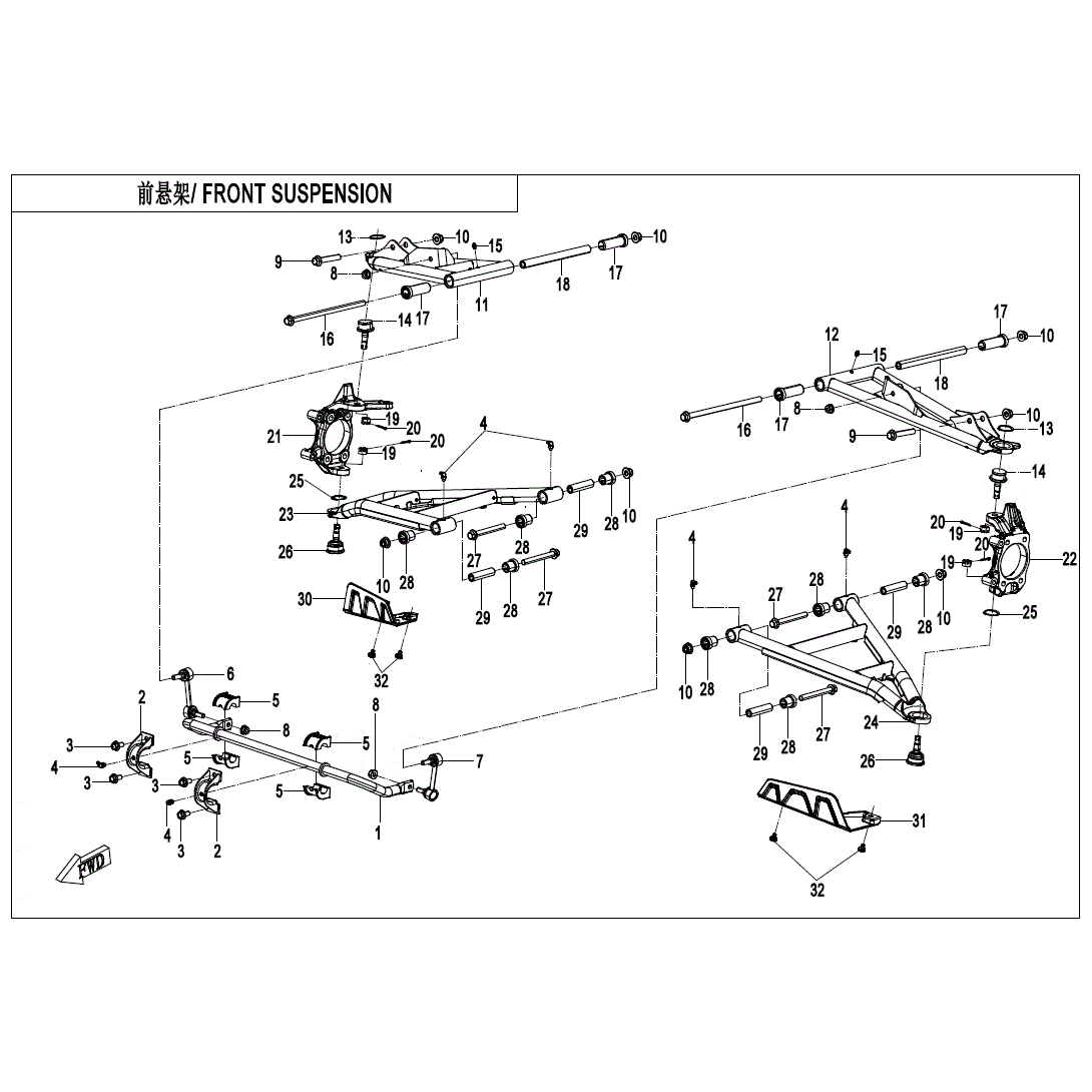 An Image of a Genuine CFMOTO Parts Schematic Diagram showing the schematic - FRONT SUSPENSION - 2025 CFMOTO UFORCE U10 PRO