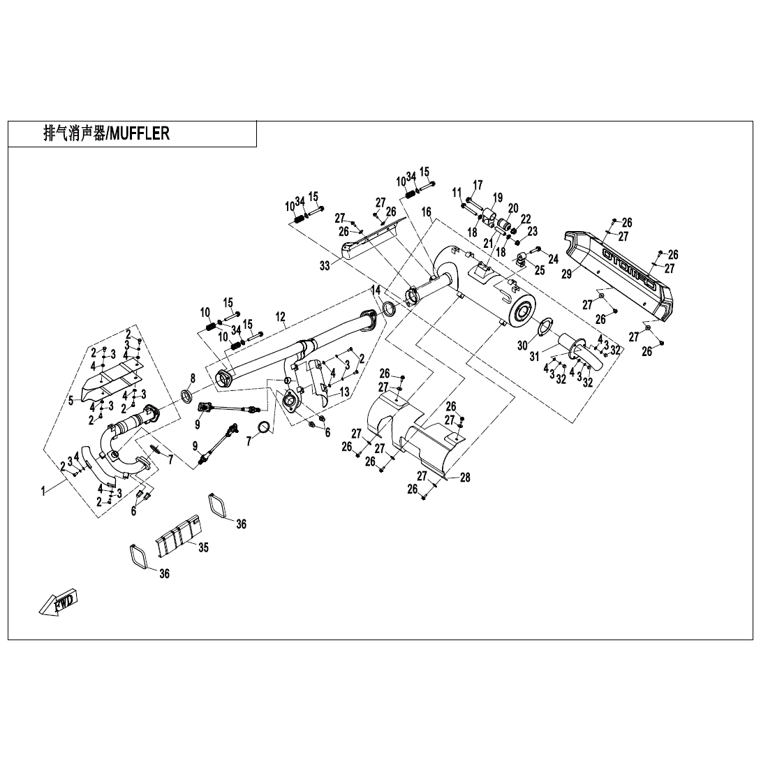 An Image of a genuine CFMOTO Parts Schematic Diagram showing the group - MUFFLER (NA) - 2020 CFMOTO CFORCE 800 XC