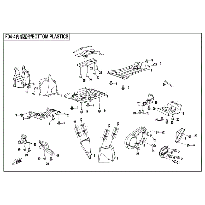 An Image of a genuine CFMOTO Parts Schematic Diagram showing the group - BOTTOM PLASTICS - 2018 CFMOTO CFORCE 500 S