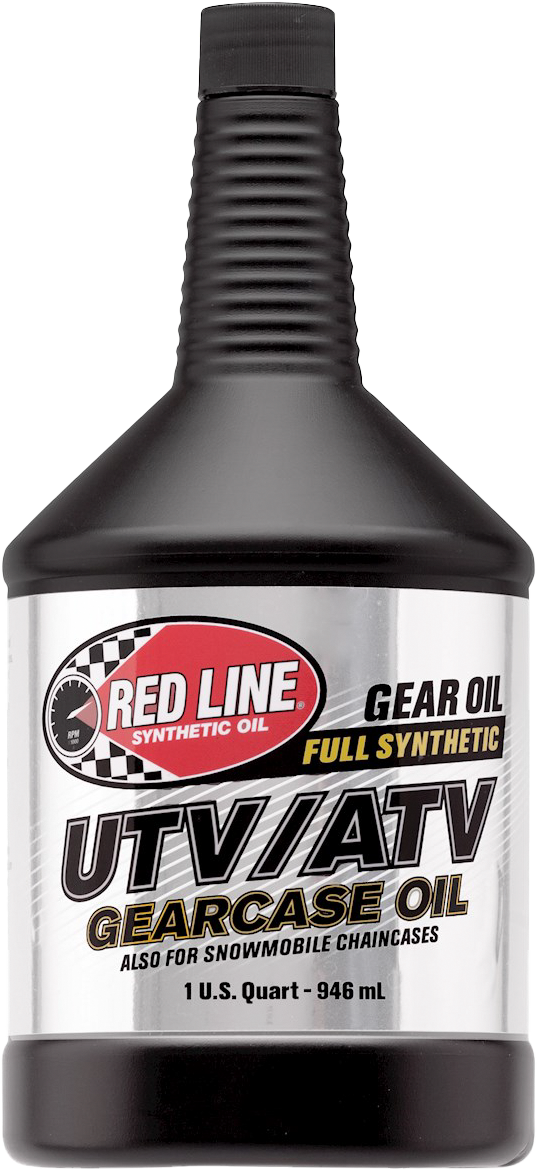 A 1-quart (946 mL) bottle of Red Line Gearcase ATV/UTV Oil 75W80, full synthetic, also suitable for snowmobile chaincases, features ShockProof technology for added protection and comes with a black cap.