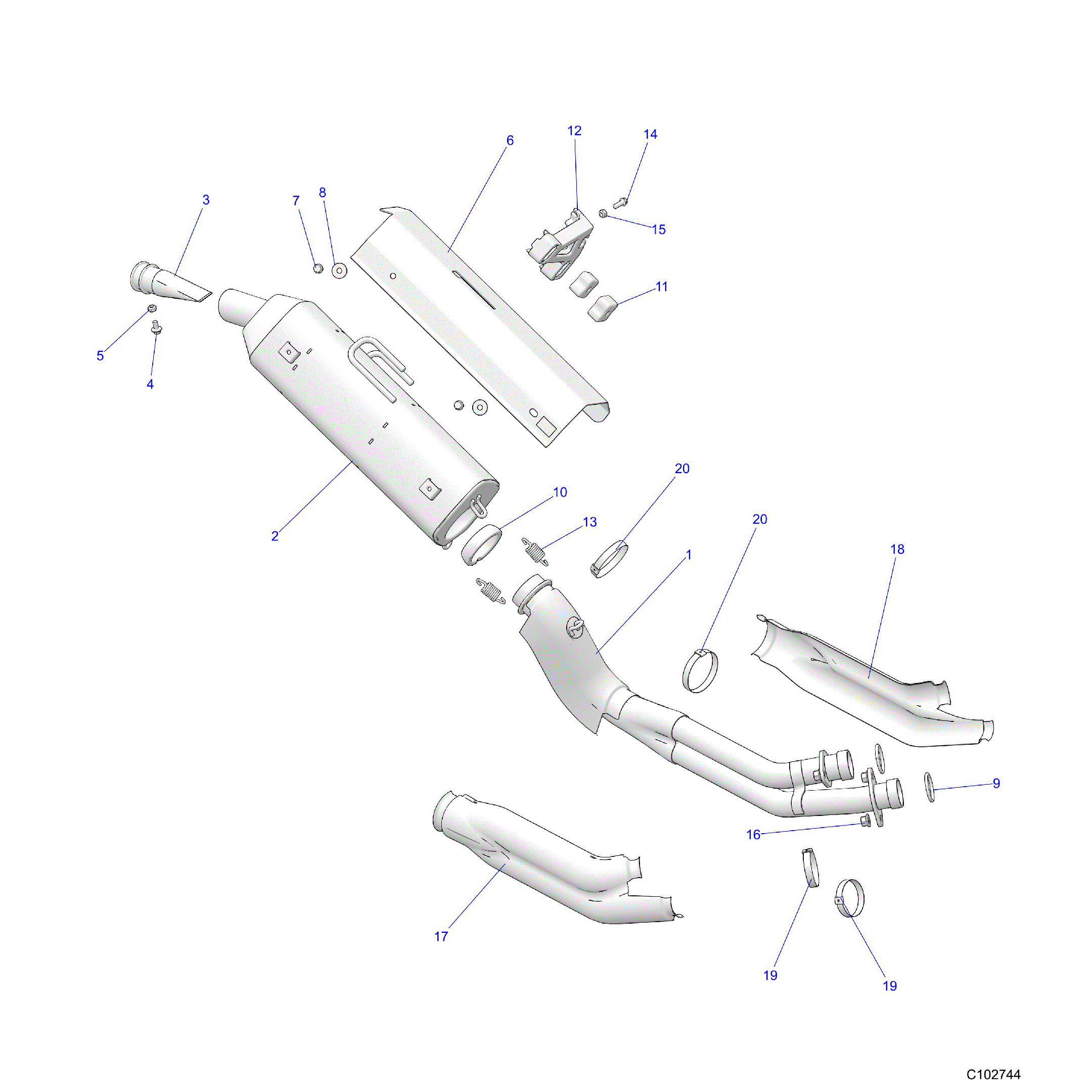 An Image of a Genuine Polaris Parts Schematic Diagram showing the schematic - ENGINE: EXHAUST - 2025 POLARIS SCRAMBLER 850 48"