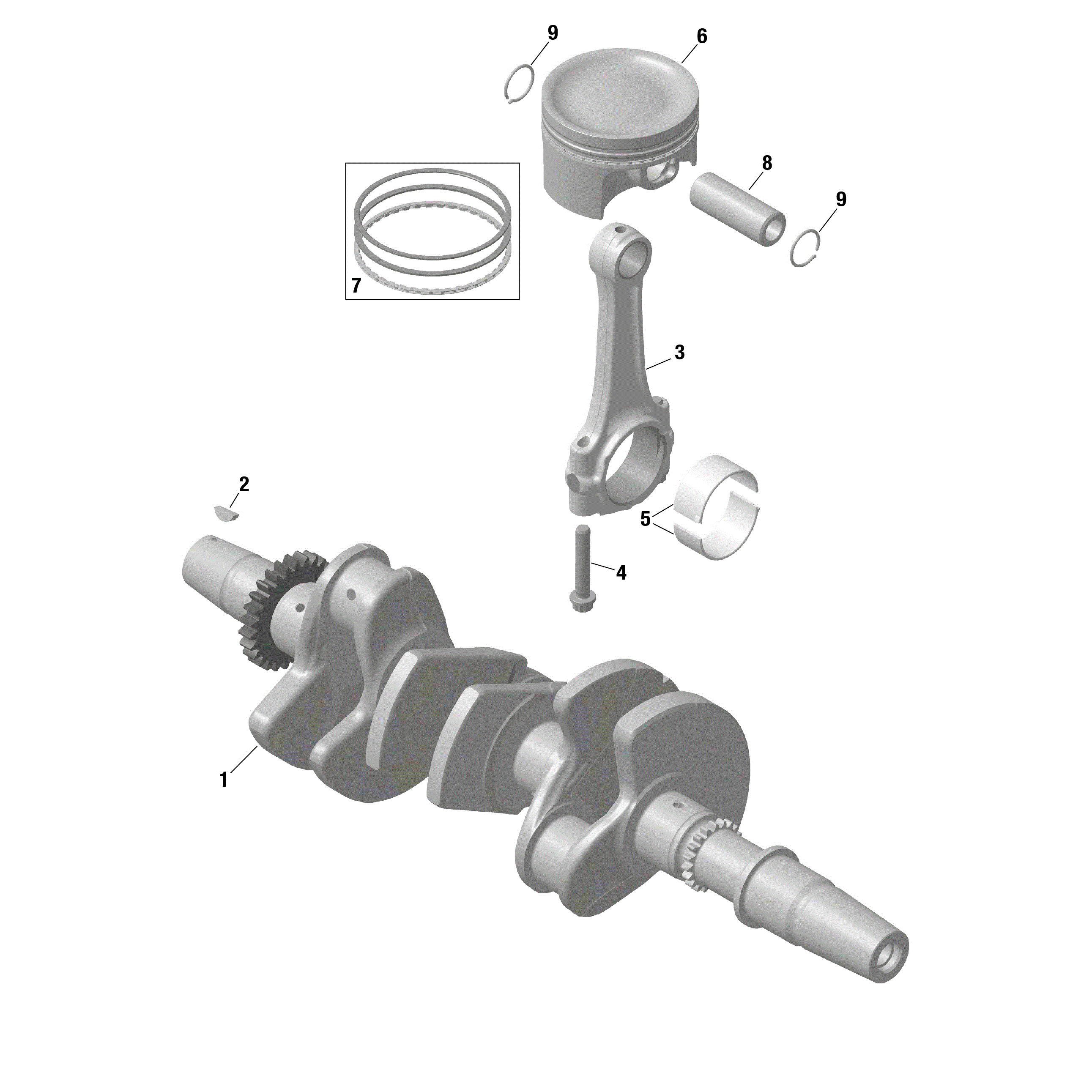 An Image of a Genuine Can-Am Parts Schematic Diagram showing the schematic - ROTAX - CRANKSHAFT AND PISTONS