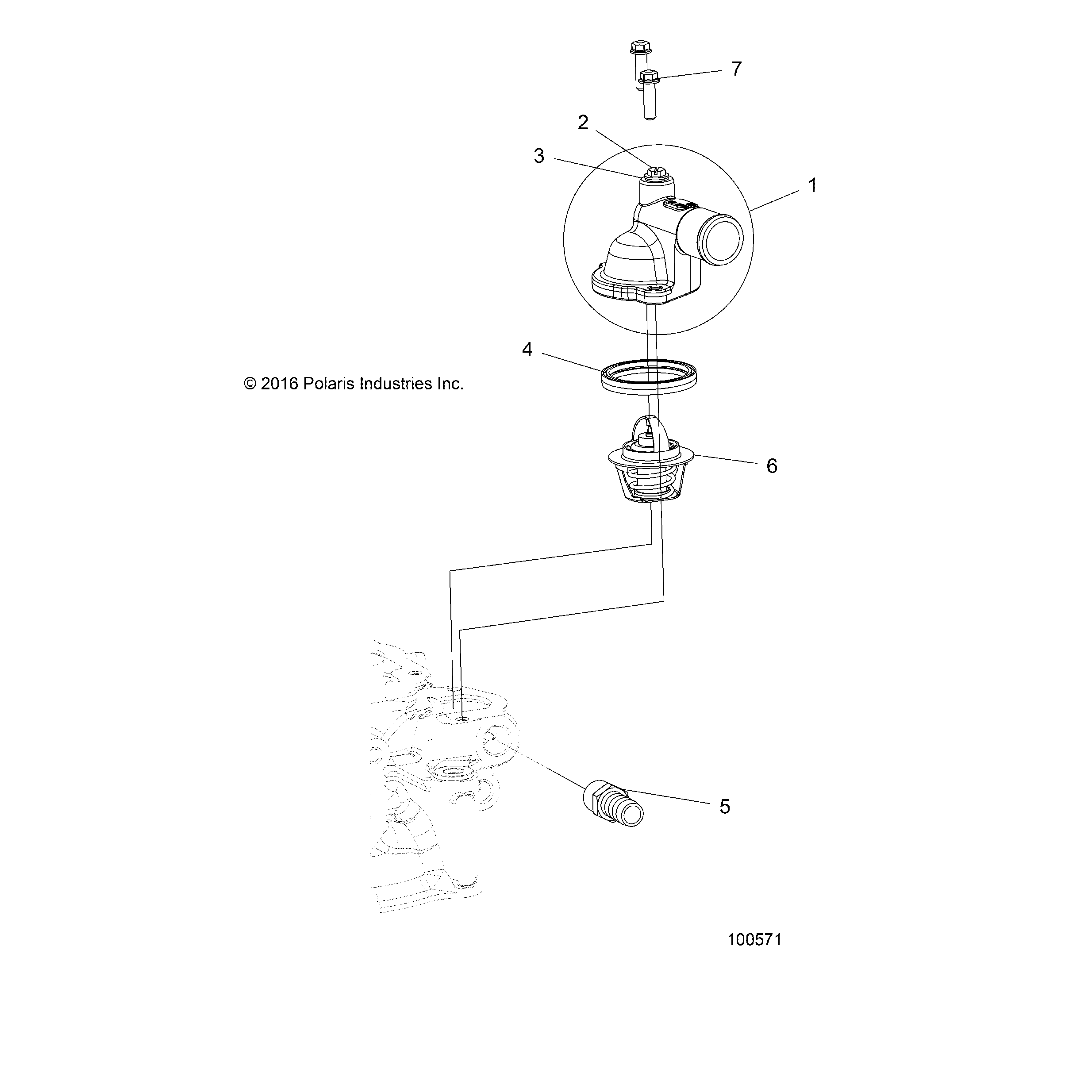 An Image of a Genuine Polaris Parts Schematic Diagram showing the schematic - ENGINE: THERMOSTAT and COVER - 2018 POLARIS SPORTSMAN 450 HO