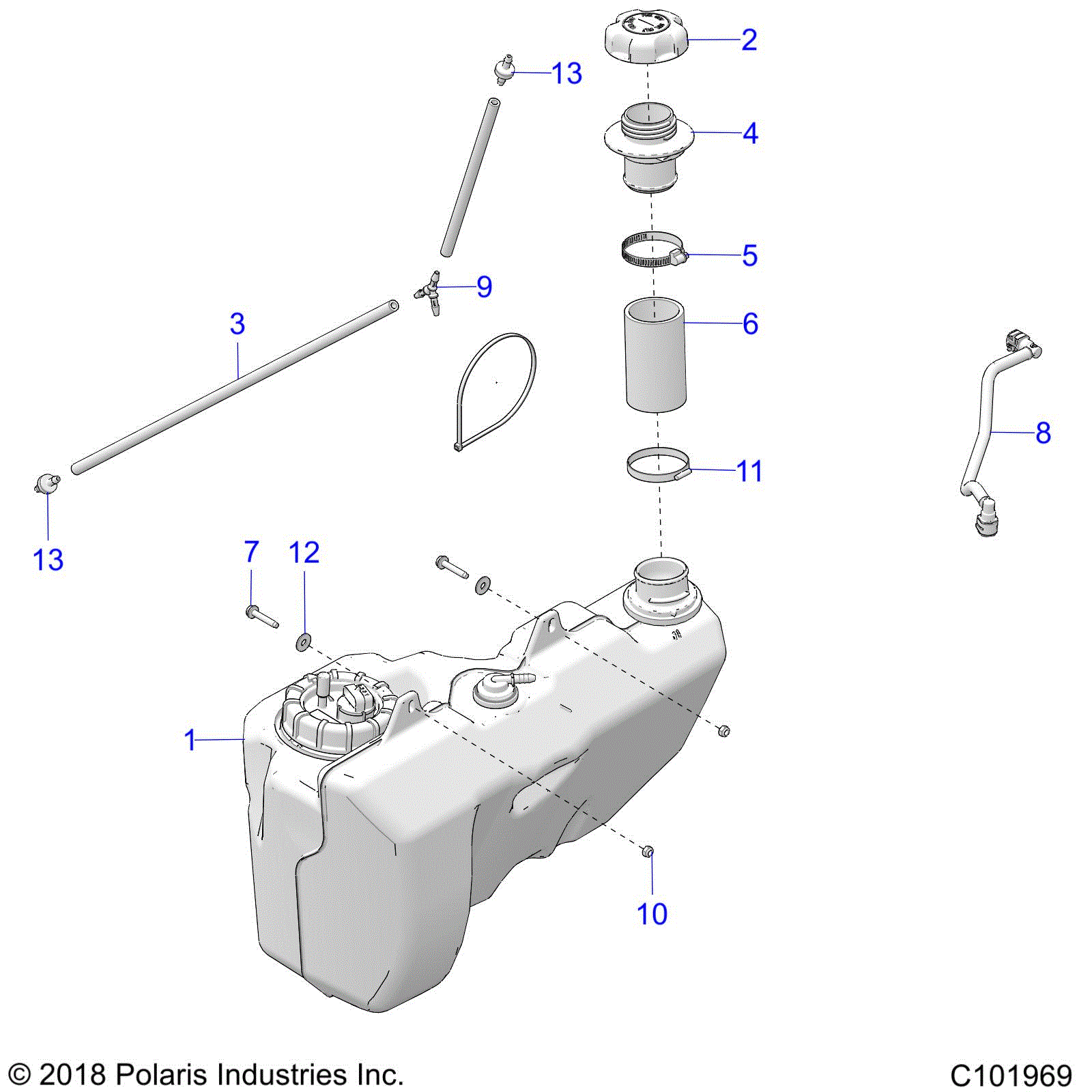 An Image of a Genuine Polaris Parts Schematic Diagram showing the schematic - BODY: FUEL TANK - 2019 POLARIS SPORTSMAN 850 SP 48