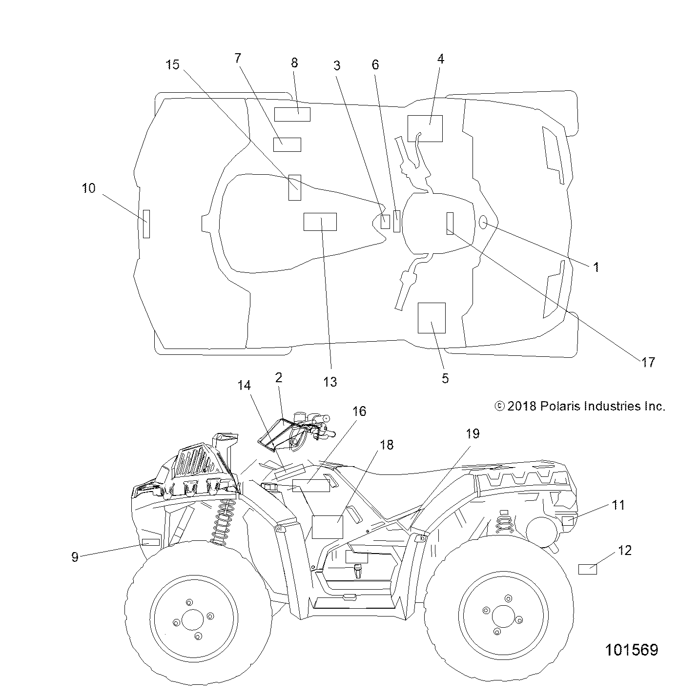 An Image of a Genuine Polaris Parts Schematic Diagram showing the schematic - BODY: DECALS - 2019 POLARIS SPORTSMAN XP 1000 HIGH LIFTER