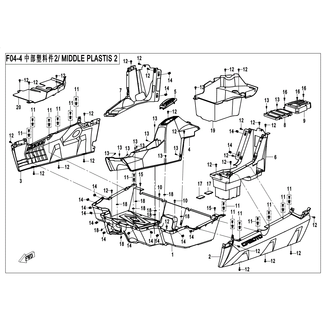 An Image of a Genuine CFMOTO Parts Schematic Diagram showing the schematic - MIDDLE PLASTICS 2 - 2017 CFMOTO ZFORCE 500