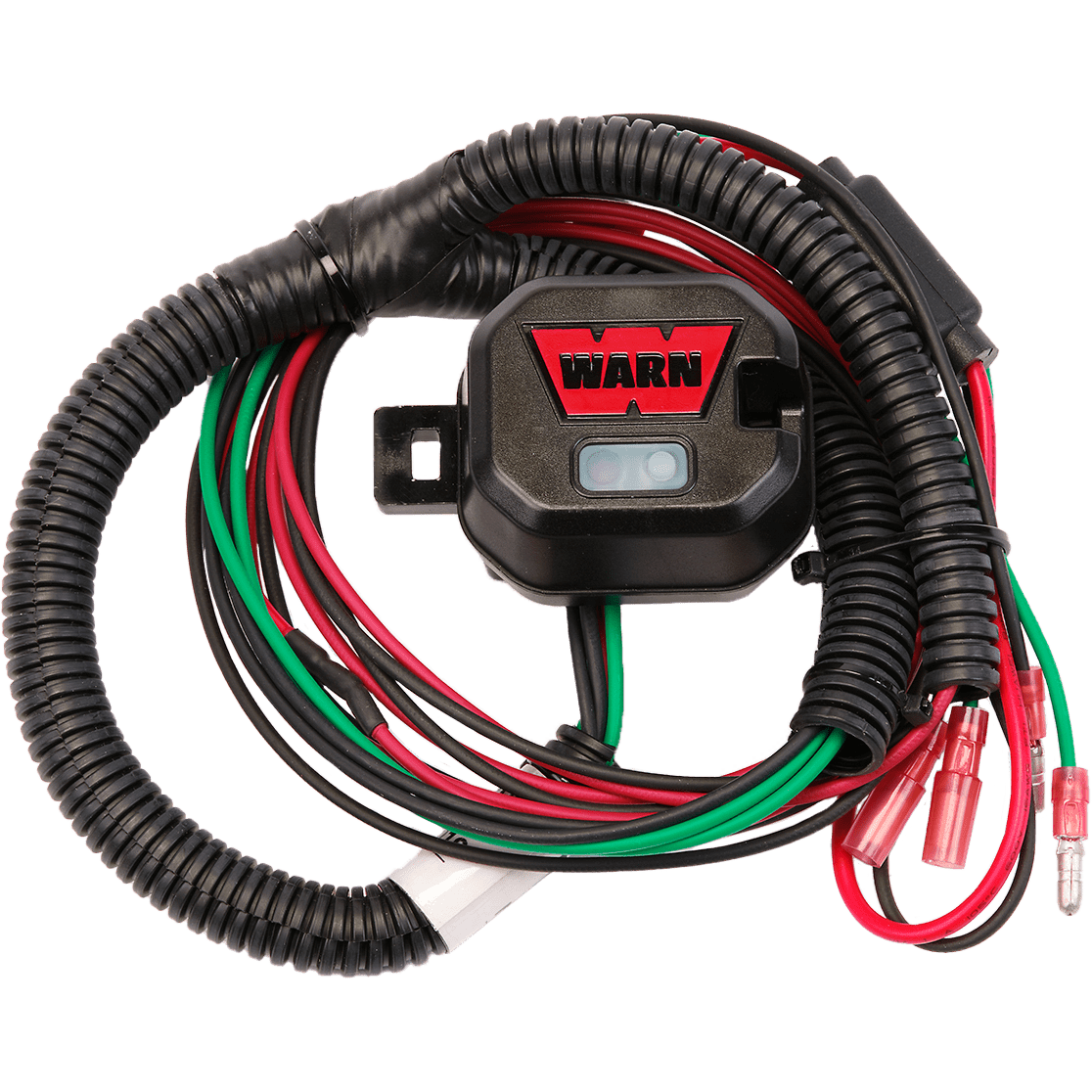 The ATV Wireless Transmitter Wiring Kit by Warn features multiple red, green, and black wires, plastic connectors, and a black control box with a red WARN logo—perfect for remote winch operation and compatible with WARN winch accessories.