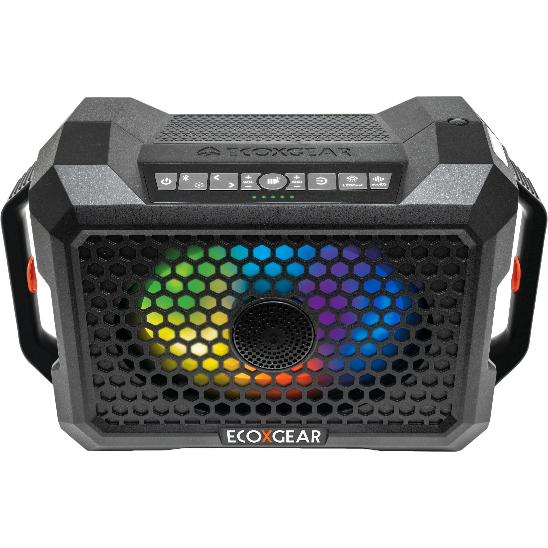 The Defender Portable Black Oak Speaker by EcoXGear is a rugged, waterproof 100W Bluetooth speaker in black with a hexagonal grille, vibrant LED lights, side handles, and top-panel controls—built for any adventure.