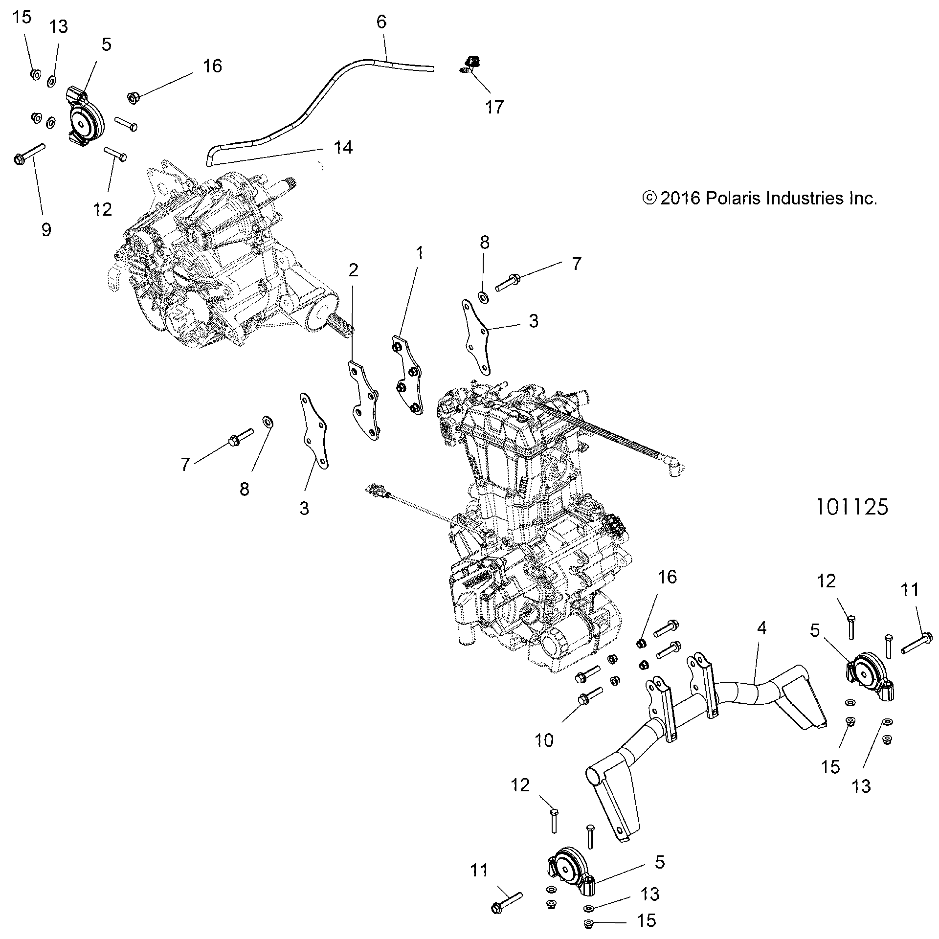 An Image of a Genuine Polaris Parts Schematic Diagram showing the schematic - ENGINE: TRANSMISSION MOUNTING & LONG BLOCK - 2018 POLARIS ACE 570