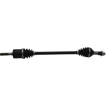 The Can Am Defender Axle Kit Complete 8 Ball Extreme Duty Front Left by All Balls is a black automotive drive shaft with rubber boots and metal connectors, featuring precision ball bearings, shown on a white background.
