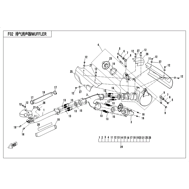 An Image of a Genuine CFMOTO Parts Schematic Diagram showing the schematic - MUFFLER - 2018 CFMOTO ZFORCE 800 Trail