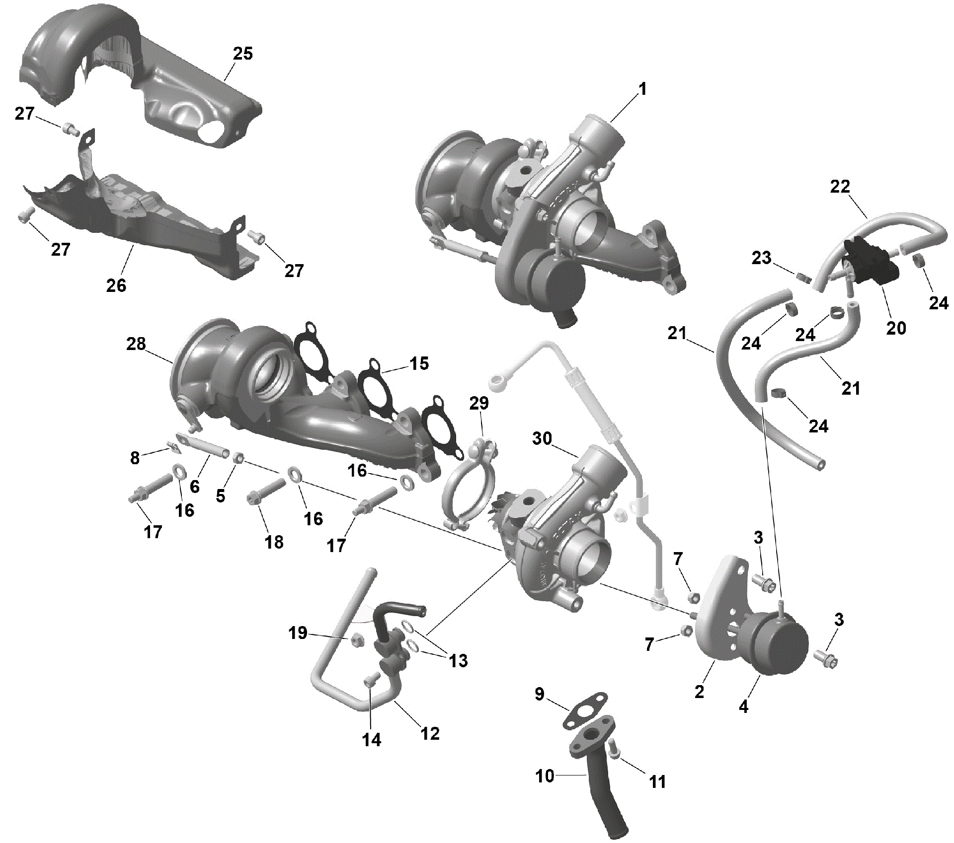 An Image of a Genuine Can-Am Parts Schematic Diagram showing the schematic - ROTAX - TURBOCHARGER