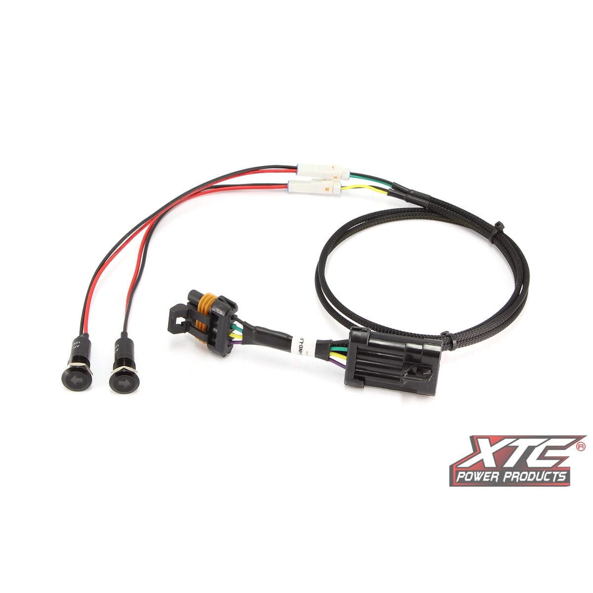 The Dash Indicator Arrows Universal by XTC Power features dual switch wiring with black connectors, red, black, yellow, green, and white wires, plus black split loom tubing; shown on white with the XTC Power logo in the lower right.
