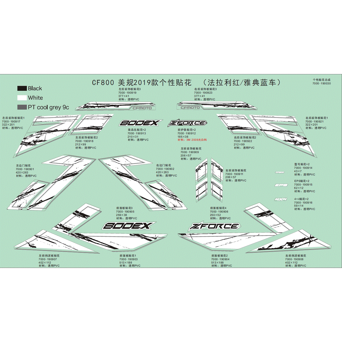 An Image of a Genuine CFMOTO Parts Schematic Diagram showing the schematic - DECAL KITS (USA - 2019 CFMOTO ZFORCE 800 EX