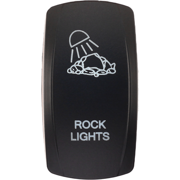 A black Dash Switch Rocker Face for Rock Lights by XTC Power, labeled ROCK LIGHTS with an icon of rocks illuminated by beams of light from above.