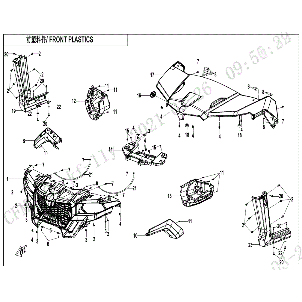 An Image of a Genuine CFMOTO Parts Schematic Diagram showing the schematic - FRONT PLASTICS - 2021 CFMOTO UFORCE 600