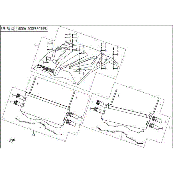 An Image of a Genuine CFMOTO Parts Schematic Diagram showing the schematic - BODY ACCESSORIES(2) - 2016 CFMOTO ZFORCE 500