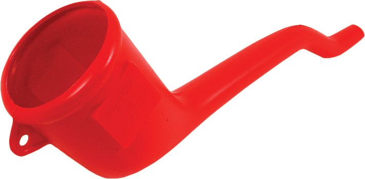 The Funnel by Red Line is a bright red plastic funnel with an extended, angled spout for reaching tight spots and a small hole near the rim for convenient hanging or attaching.