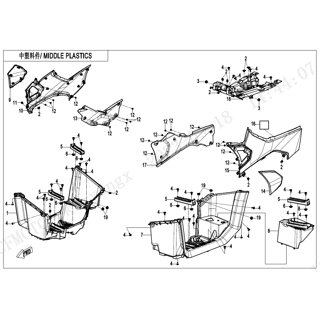 An Image of a genuine CFMOTO Parts Schematic Diagram showing the group - MIDDLE PLASTICS - 2024 CFMOTO CFORCE 1000 TOURING
