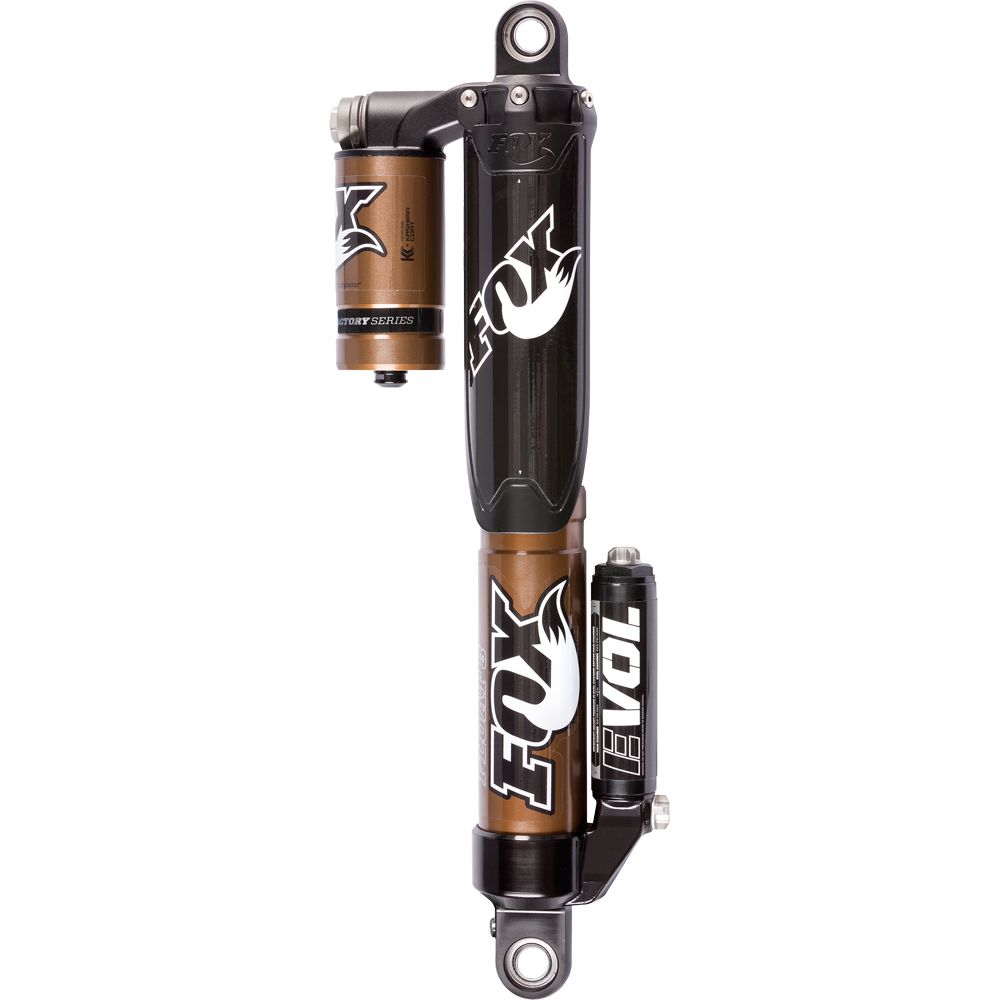 The Honda/Kawasaki/Yamaha ATV/UTV Float 3 Evol RC2 Shock by FOX features FOX logos, adjustment knobs, high-flow compression adjuster, and a bronze and black finish for optimal suspension performance.