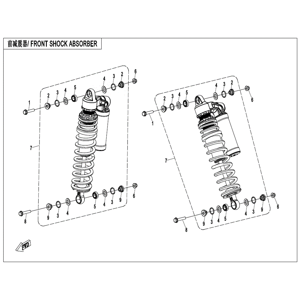 An Image of a Genuine CFMOTO Parts Schematic Diagram showing the schematic - FRONT SHOCK ABSORBER - 2022 CFMOTO ZFORCE 950 Sport