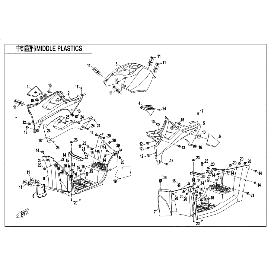 An Image of a genuine CFMOTO Parts Schematic Diagram showing the group - MIDDLE PLASTICS - 2019 CFMOTO CFORCE 600