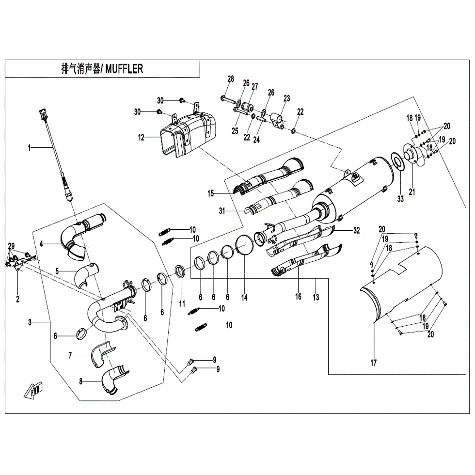 An Image of a genuine CFMOTO Parts Schematic Diagram showing the group - MUFFLER (NA) - 2022 CFMOTO CFORCE 600